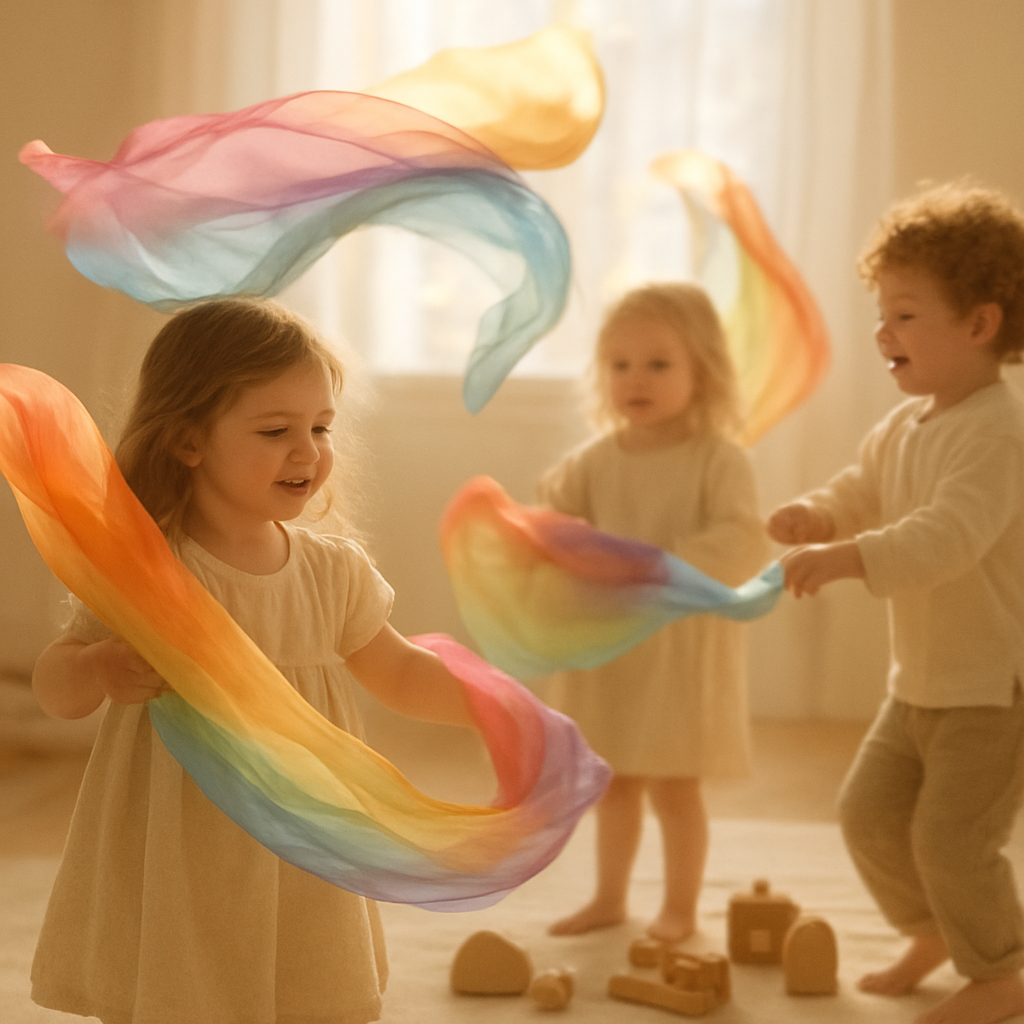 Children playing with flowing rainbow silk cloths in a sunlit room