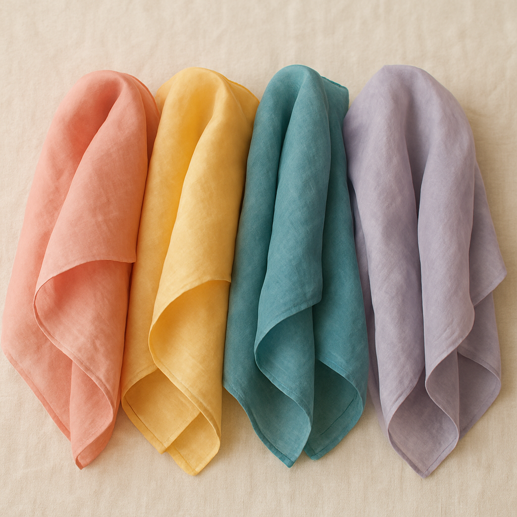 Folded rainbow-colored play silks on a cream linen surface